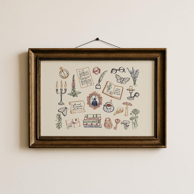 May include: A framed print with a white background and a variety of illustrations in shades of blue, brown, and red. The illustrations include a clock, candles, a quill and inkwell, a book, a cup of tea, a skull, a key, flowers, and a butterfly. The text on the print includes the titles of books: 'The Read to Remember', 'Frankenstein', 'The Picture of Dorian Gray', 'Wuthering Heights', and 'Pride and Prejudice'. The print is in a brown wooden frame.