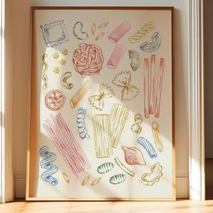Pasta Illustration for Pasta Lovers, Kitchen Pasta Print, Italian Food Poster, Wall Art, Pasta Artwork, Dining Room Decor, Digital Download