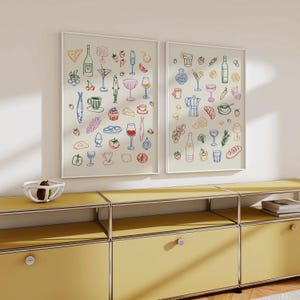 Puede incluir: Dos ilustraciones enmarcadas de varios art&iacute;culos de comida y bebida, incluyendo copas de vino, tazas de caf&eacute;, pescado, pan y fruta. Las ilustraciones son de estilo minimalista con contornos coloridos.