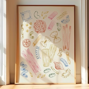 Ilustración de pasta para amantes de la pasta, impresión de pasta para la cocina, póster de comida italiana, arte mural de pasta, obras de arte de pasta, arte mural de moda, arte minimalista