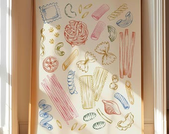 May include: A framed print featuring a colorful illustration of various pasta shapes. The artwork includes penne, farfalle, spaghetti, and other pasta types in shades of red, blue, green, and yellow. The print is displayed in a light brown wooden frame.