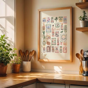 May include: A framed print featuring a collection of illustrated food items, including sauces, spices, and packaged goods. The artwork is displayed on a kitchen wall, alongside wooden shelves with potted plants and a coffee maker. The kitchen has a wooden countertop.