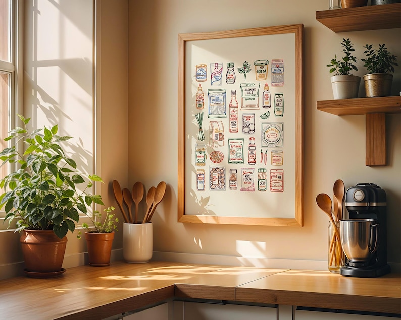 May include: A framed print featuring a collection of illustrated food items, including sauces, spices, and packaged goods. The artwork is displayed on a kitchen wall, alongside wooden shelves with potted plants and a coffee maker. The kitchen has a wooden countertop.