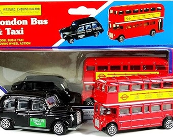 Coffret bus londonien et taxi londonien authentiques moulés sous pression (mini) souvenir, mouvement des roues motrices, cabine 5 passagers - taxi Hackney - souvenir Londres