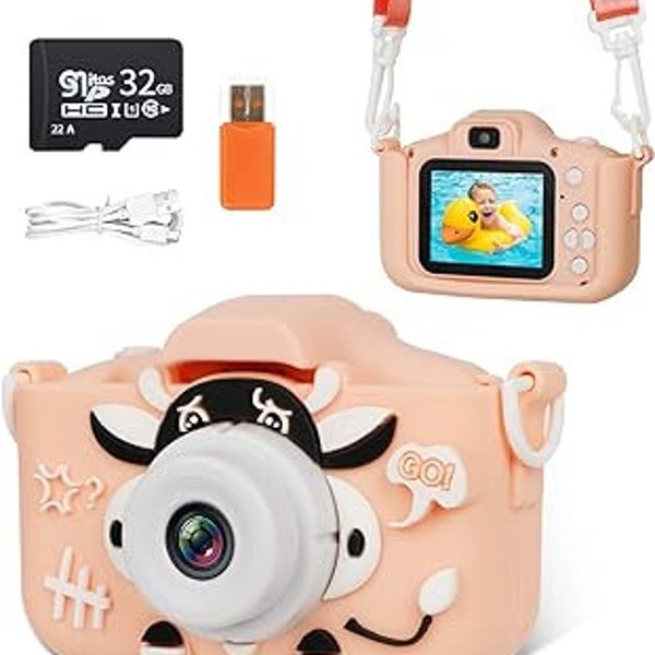 Kids Camera for Girls Age 3-6, Children HD Digital Video Camcorder Camera, Christmas Birthday Gift for Kids with 32GB SD Card(pink& rainbow)