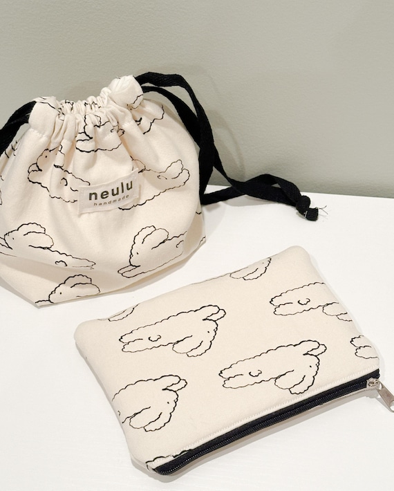 Handmade pouch | Essential pouch | Make up bag | Make up pouch | Rabbit Printing | White pouch | Key pouch | Camera Pouch | String Pouch