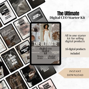 Könnte beinhalten: Ein digitales Produktpaket zum Verkauf digitaler Produkte. Das Bild zeigt einen Tablet-Bildschirm mit dem Text "The Ultimate Digital CEO Starter Kit" und eine Frau in einem weißen Kleid. Der Text "All in one starter kit for selling digital products" und "16 digital products included" ist ebenfalls sichtbar. Das Bild ist vor einem Hintergrund aus verschiedenen digitalen Produktcovern platziert.