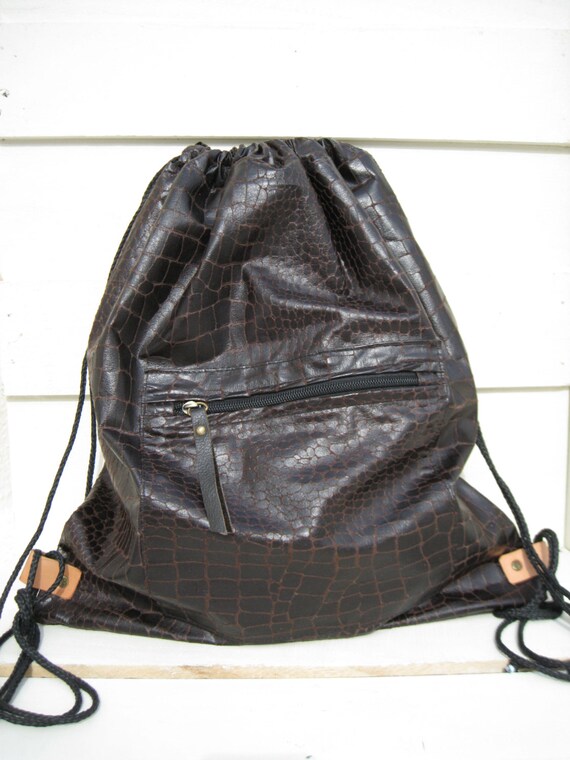 Items similar to Brown drawstring backpack, zipper pocket,gym grocery