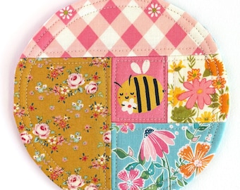 Patchwork Fabric Coaster: Colorful fabric mug rug for desk decor or housewarming gift.
