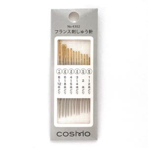 May include: A package of 12 assorted embroidery needles, labeled in Japanese with the needle size and number of strands to use. The package is white with a gray border and the text "No. 4302" and "フランス刺しゅう針" (French embroidery needles). The brand name "cosirio" is printed in black at the bottom.