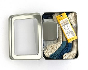 Visible Mending Kit: Repair jeans or patch clothing with denim fabric, needles, palm thimble, stick and stitch patterns, and Sashiko thread.