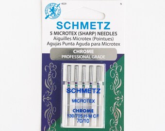 Chrome Sewing Machine Needles: Size 70 size 10 Schmetz MicroTex needles for quilting and other sewing projects.