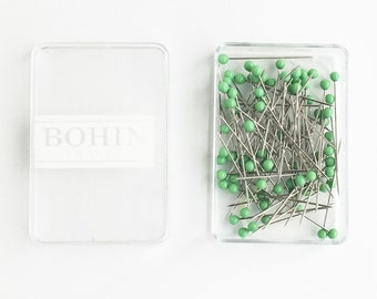 Bohin Glass Head Pins in NILE GREEN: Fine Sewing Pins with a Murano Glass Head