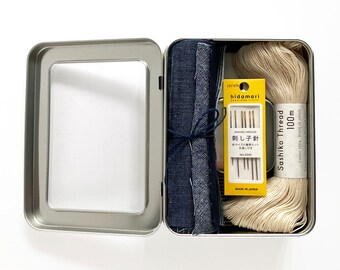 Large Visible Mending Kit: Repair jeans or patch clothing with fabric, needles, palm thimble, stitch patterns, and Sashiko thread.