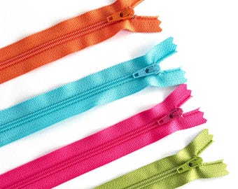 14" YKK Zippers: Four zip set with orange, pink, turquoise, and kiwi green.