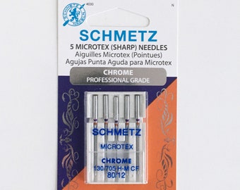 Chrome Sewing Machine Needles: Size 80 size 12 Schmetz MicroTex needles for quilting and other sewing projects.