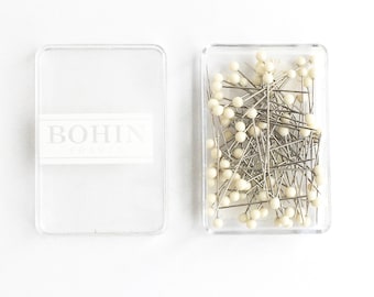 Bohin Glass Head Pins in CREAM: Fine Sewing Pins with a Murano Glass Head