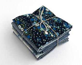 Little Blue Bundle No. 4: Five SMALL (14" x 14") pieces of cotton and cotton/linen fabrics in shades of indigo blues.