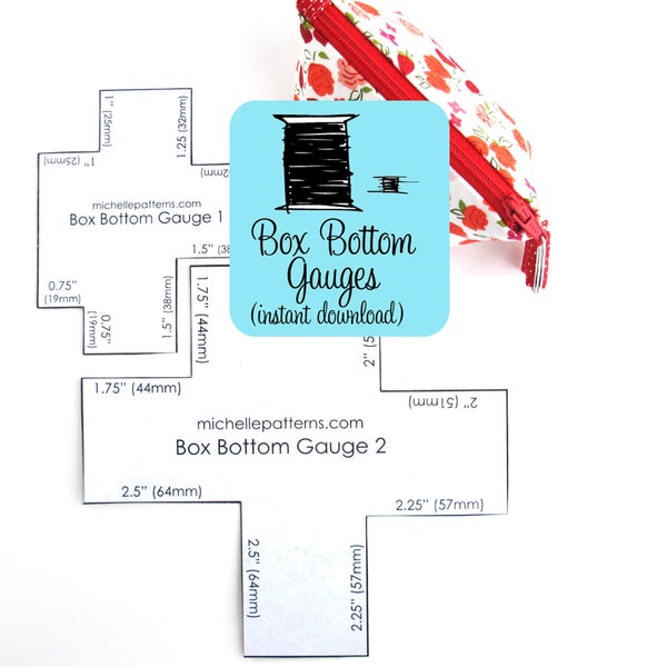 Box Bottom Gauges PDF Document (Digital Delivery): Printable sewing tools to mark box bottom corners, quilting lines, or button placement.