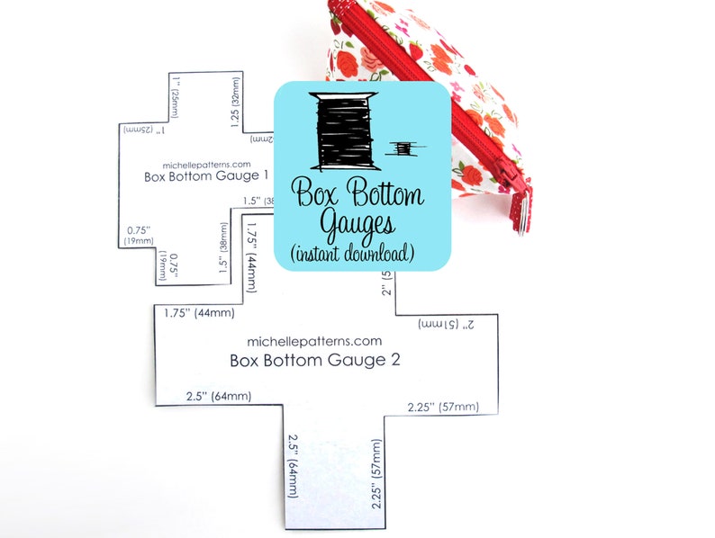 May include: Two printable box bottom gauges for sewing projects. The gauges are printed with measurements in inches and millimeters. The gauges are labeled "Box Bottom Gauge 1" and "Box Bottom Gauge 2".