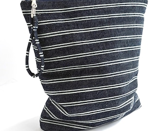 Striped Denim Zipper Pouch with Dark and Stormy Shark Lining