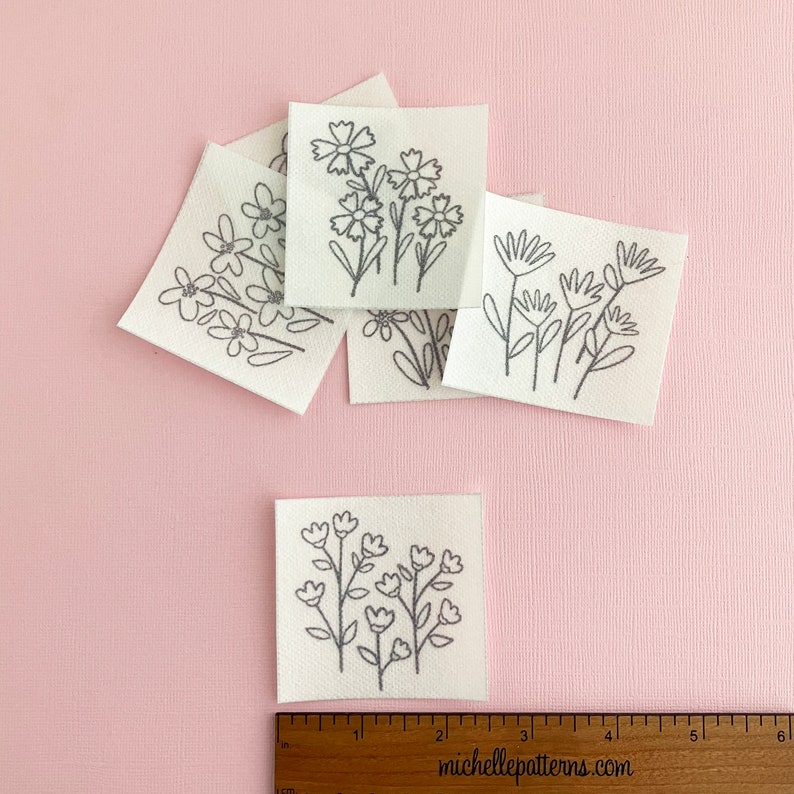 Stick and Stitch Wildflower Embroidery Patterns: 6 pre-printed floral designs on water soluble adhesive paper. image 2