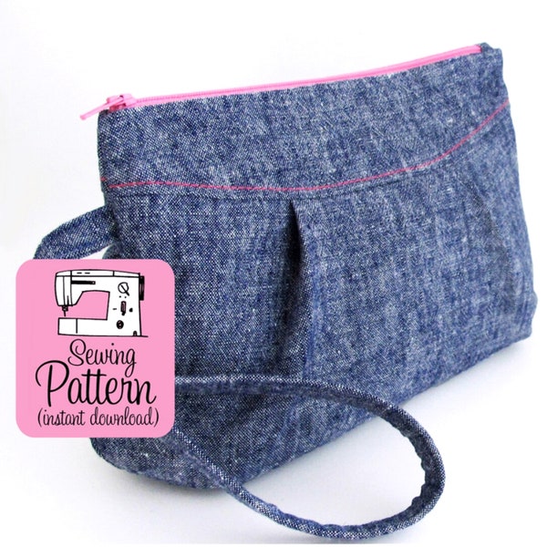 Poppy Wristlet PDF Sewing Pattern: Sew a pleated clutch with interior pocket and wristlet strap.