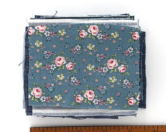 Tiny Blue Fabric Scraps: Cotton & Cotton Linen Blend Pieces for Mending