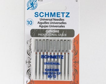 Chrome Universal Sewing Machine Needles: 10 pack of Schmetz needles for knit or woven fabric.