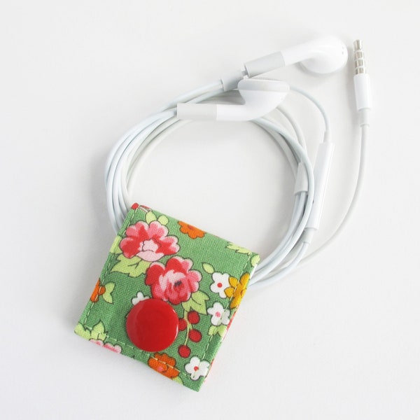 Small Cord Keeper | Floral cotton print fabric earbud cord organizer holder for small cords and cables.