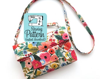 Mini Crossbody Bag PDF Sewing Pattern (Digital Delivery): Sewing tutorial to make a mini fold over messenger style hands free bag.