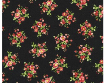 Black Floral FLANNEL: Bouquet of Roses cotton fabric.