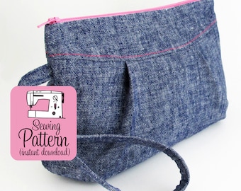 Poppy Wristlet PDF Sewing Pattern: Intermediate sewing project to make a zip top clutch purse handbag with a wristlet strap.