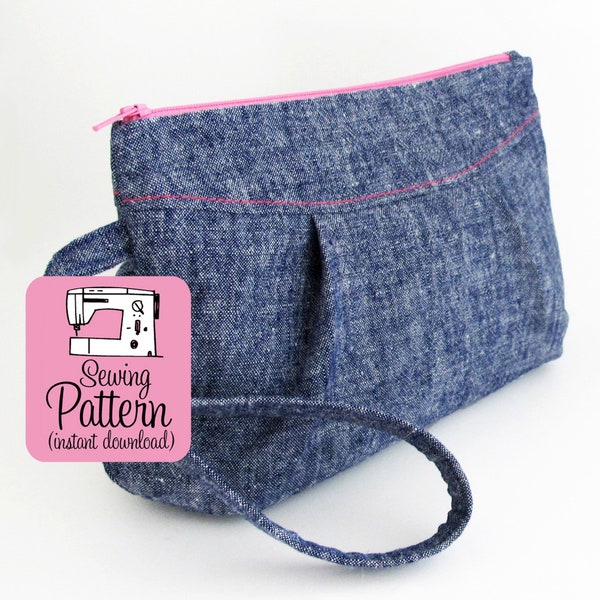 Poppy Wristlet PDF Sewing Pattern: Intermediate sewing project to make a zip top clutch purse handbag with a wristlet strap.