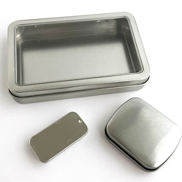 Trio of Storage Tins: Tin with clear lid, slider tin, and hinged tin for storing beads and other craft tools, notions, and supplies.