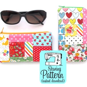 Puede incluir: Un patrón de costura para una funda de gafas de patchwork. El patrón incluye dos diseños diferentes, uno con corazones y el otro con una variedad de estampados florales y geométricos. El patrón está disponible para descarga instantánea.