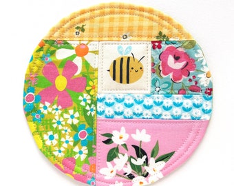 Bumble Bee Patchwork Coaster: Colorful fabric mug rug for desk decor or housewarming gift.