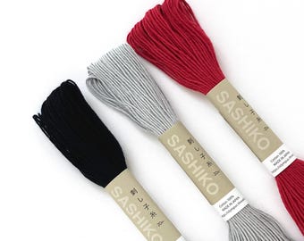 Sashiko Cotton Thread Set: Black, Grey, Rose Red - Olympus 22 Yards