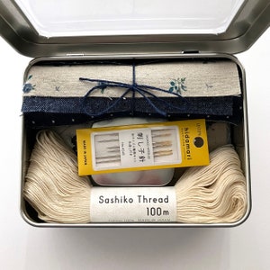 Large Visible Mending Kit: Repair jeans or patch clothing with denim fabric, needles, palm thimble, stitch patterns, and Sashiko thread.