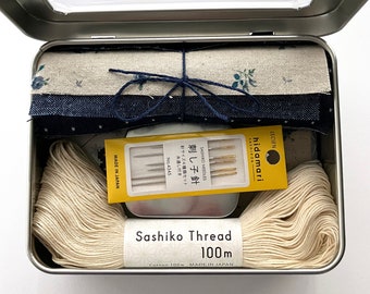 Large Visible Mending Kit: Repair jeans or patch clothing with denim fabric, needles, palm thimble, stitch patterns, and Sashiko thread.