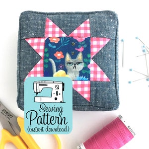 Sawtooth Star Pincushion PDF Sewing Pattern (Digital Delivery): Sew three sizes of square pin cushions with a star block top.