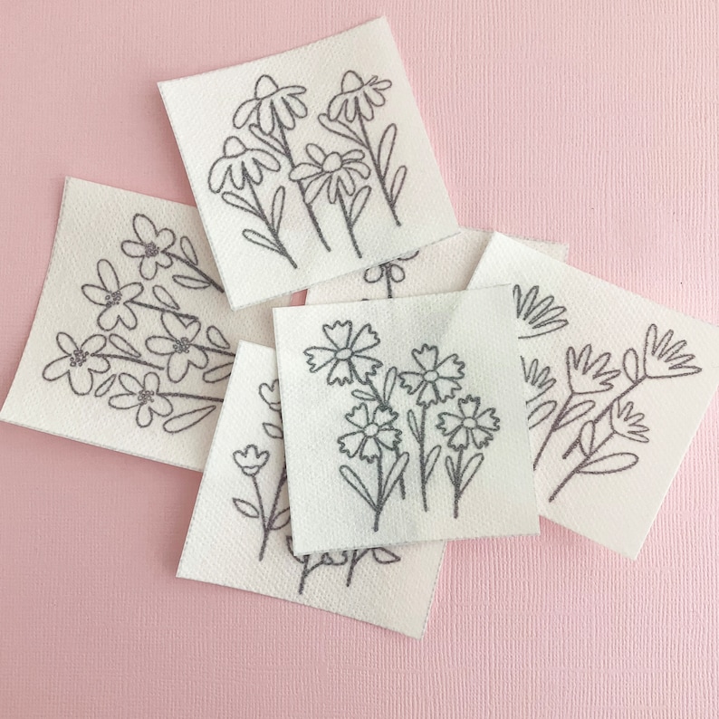 Stick and Stitch Wildflower Embroidery Patterns: 6 pre-printed floral designs on water soluble adhesive paper. image 1