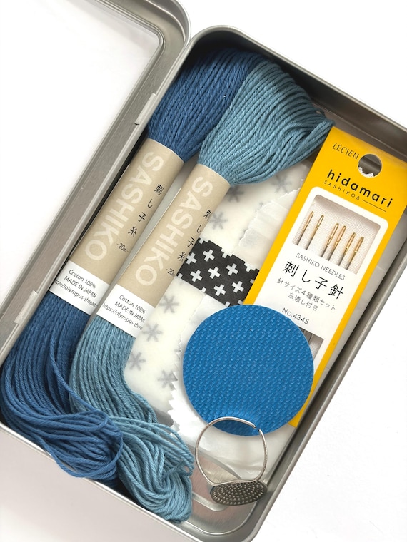 Visible Mending Kit: Sashiko Thread (Cobalt, Sky Blue), Needles & Water Soluble Patterns