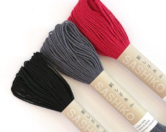 Sashiko Cotton Thread Set: Black, Deep Grey, Rose Red