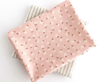 Pink Floral and Natural Stripe REMNANT PIECES of Low Volume Natural Fiber Fabrics