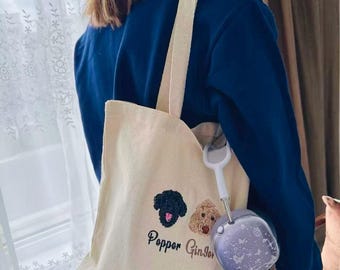 Custom Embroidered Pet Portrait Tote Bag – Personalized Dog Cat Tote, Pet Memorial Gift, Pet Lover Tote