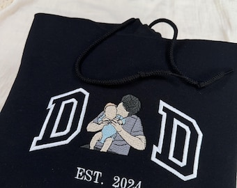 Custom Portrait Hoodie, Embroidered Sweatshirt from Photo with Name on Sleeve, Gift for Dad, Father’s Day Memorial, Personalized Face Shirt
