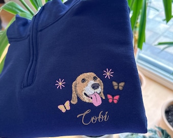 Custom Embroidered Pet Portrait Quarter Zip – Dog Cat Face Sweatshirt, Personalized Gift, Pet Memorial Clothing
