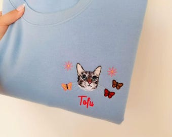Custom Pet Embroidered Sweatshirt, Personalized Pet Portrait Hoodie, Custom Dog Cat Sweater, Gift for Pet Lovers
