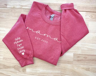 Custom Embroidered Mama Sweatshirt with Kids Name on Sleeve, Personalized Mom Sweatshirt, Minimalist Momma Sweater, Mothers Day Gift for Mom